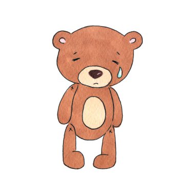 El çizimi suluboya çizimi. Çocuk tasarımı için tırman. Şirin, üzgün, yumuşak pelüş oyuncak bebek oyuncak ayı durur ve tek başına ağlar..