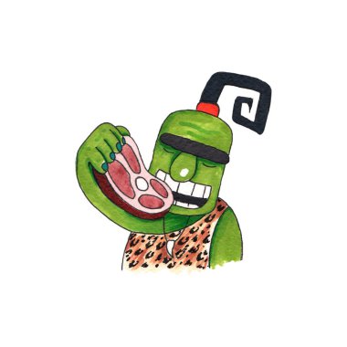 El çizimi suluboya çizimi. Çocuk tasarımı için tırman. Tatlı yeşil orman trolü kızarmış ya da çiğ et ya da domuz eti yer..