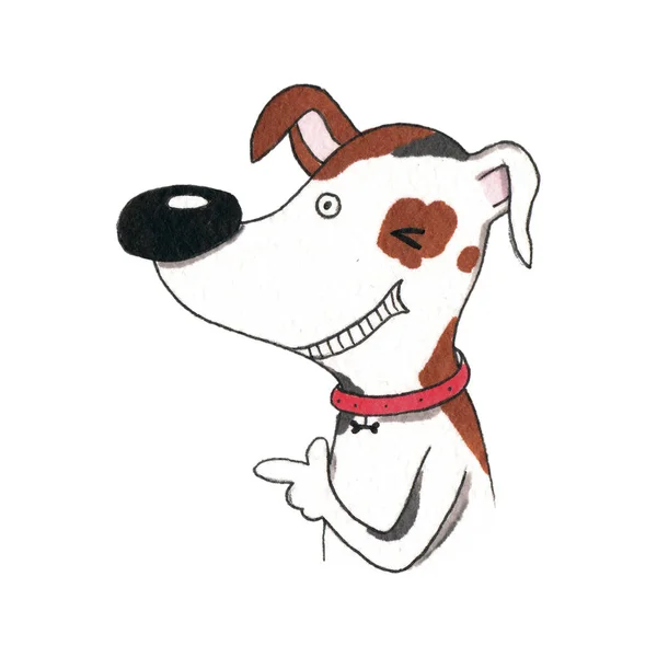 手描き水彩イラスト 子供のデザインのためのクリップアート かわいい幸せな斑点の子犬の犬は 肯定的に ウィンクやポイントの指笑顔 親指を立て — ストック写真