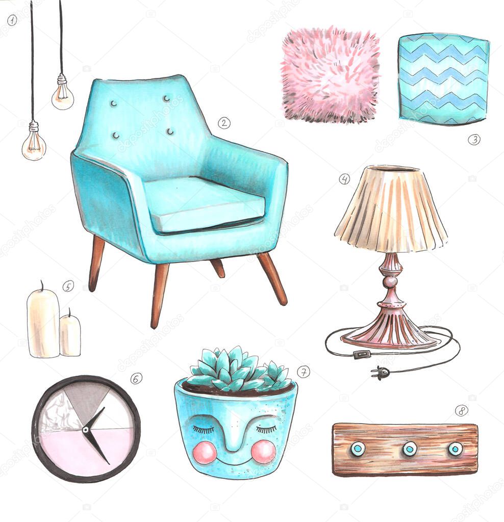 Hand drawn watercolor artwork. Painted aquarelle picture. Artist painting. Set of retro furniture for home furnishings. Armchair, candles, lamp, clock, shelf, pot with plant, pillows and light bulbs.