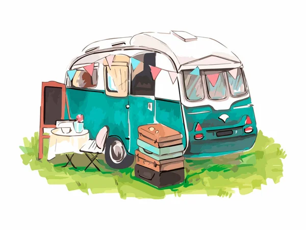 Maison Sur Roues Hipster Camping Car Aquarelle Remorque Pour Conception — Image vectorielle