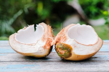 Tahta bir masada taze hindistan cevizi aç.