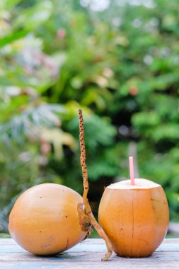 Tahta masada kırmızı pipetli taze hindistan cevizi içilmeye hazır..