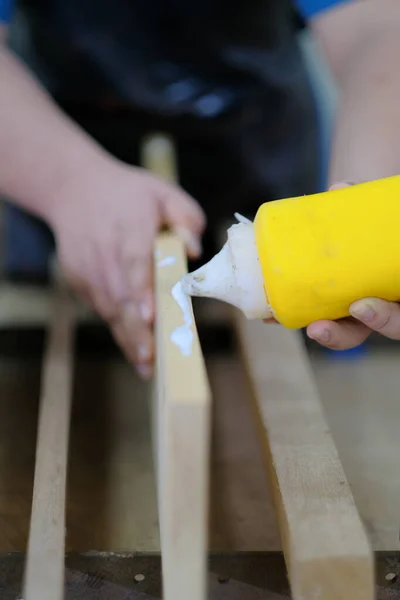 Carpenter Joining Pieces Wood Long Bar Clamp Glue — Stock Photo, Image