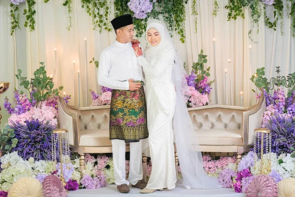 Indoor Shooting For Malay Wedding The Bride And Groom Wearing Malay Traditional Cloth In Marriage Ceremony Happy Family Concept