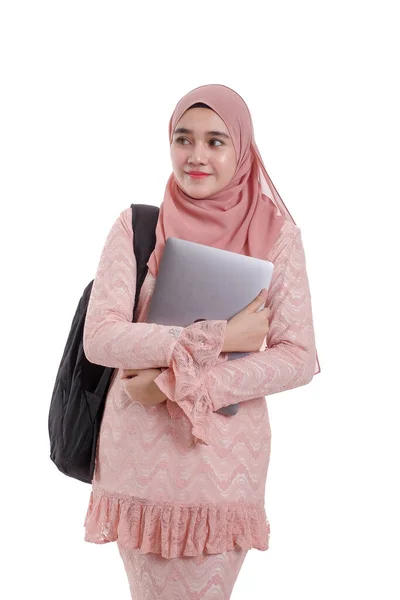 Vrij Moderne Aziatische Vrouw Hoofd Sjaal Glimlach Hold Bag Laptop — Stockfoto