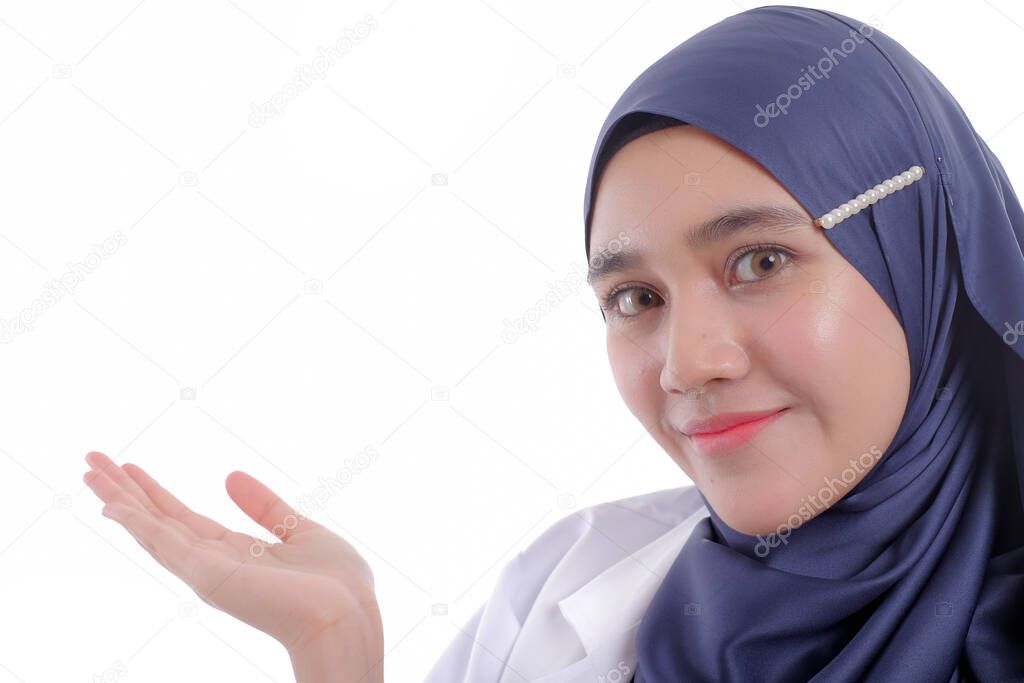Beautiful Asian Muslimah woman model posing on white background with different expression.