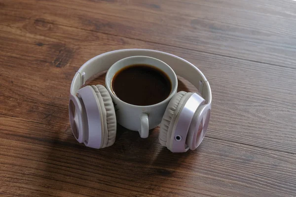 Headphones Cup Coffee Wooden Table — Stock Photo, Image