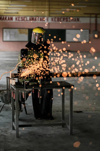 Young Man Using Disc Cutter Cut Metal Plate Tools Industrial — Stock Photo, Image