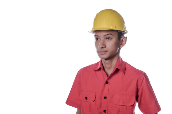 Portrait Worker Wearing Safety Jacket Isolated White Bcakground — Fotografia de Stock