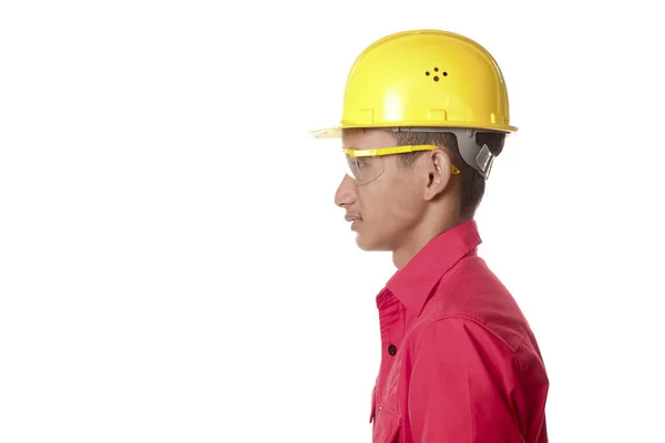 Trabajador Construcción Con Casco Protección Ocular Aislado Sobre Fondo Blanco —  Fotos de Stock