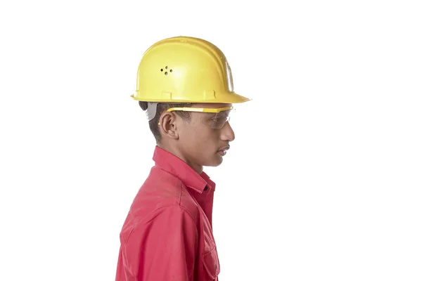 Construction Worker Helmet Eye Protection Isolated White Background Safetu Equipment — Stock Photo, Image