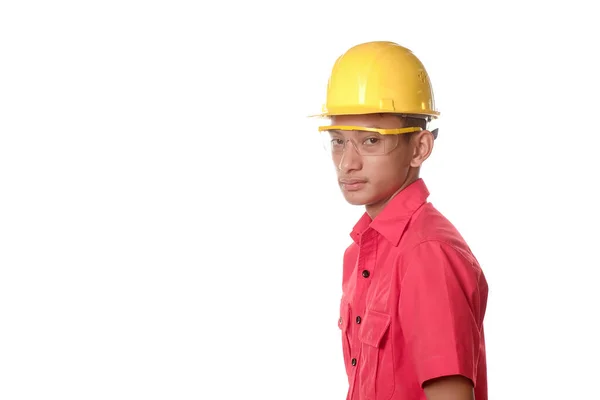 Bauarbeiter Mit Helm Und Augenschutz Isoliert Auf Weißem Hintergrund Sicherheitskonzept — Stockfoto