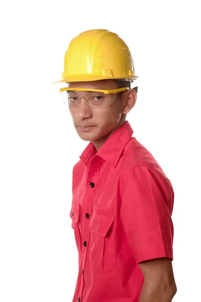 Trabajador Construcción Con Casco Protección Ocular Aislado Sobre Fondo Blanco — Foto de Stock