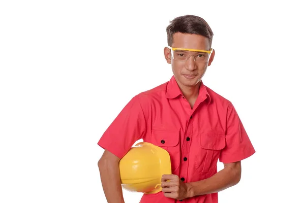 Trabajador Construcción Con Casco Protección Ocular Aislado Sobre Fondo Blanco —  Fotos de Stock