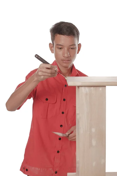 Joven Carpintero Ropa Trabajo Con Relleno Madera Trabajos Acabado Para — Foto de Stock