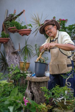 Bir adam bahçede adım adım Bougainvillea çiçeği naklediyor.