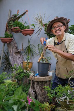 Bir adam bahçede adım adım Bougainvillea çiçeği naklediyor.