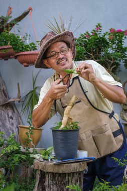 Bir adam bahçede adım adım Bougainvillea çiçeği naklediyor.