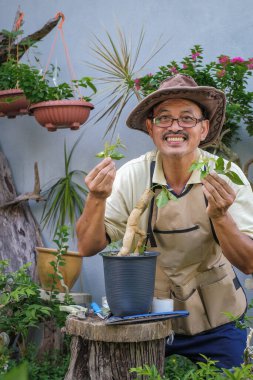 Bir adam bahçede adım adım Bougainvillea çiçeği naklediyor.