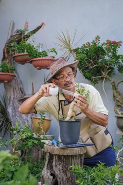 Bir adam bahçede adım adım Bougainvillea çiçeği naklediyor.