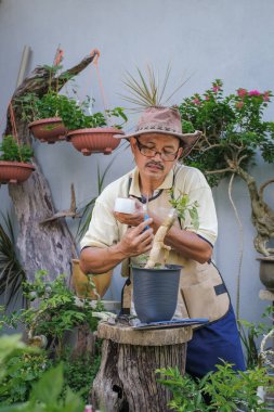 Bir adam bahçede adım adım Bougainvillea çiçeği naklediyor.