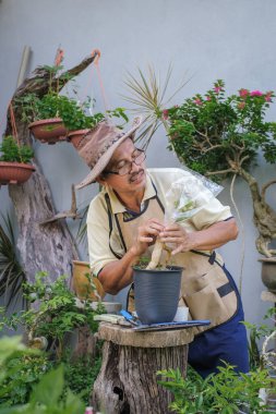 Bir adam bahçede adım adım Bougainvillea çiçeği naklediyor.