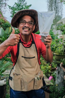 Bahçıvan durian ağacını aşıladı. Bahçıvan bitki üretimi için soğuk ve nemli bir ortam sağladı..