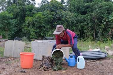 Olgun bir adam meyve bahçesindeki bahçe komposterine mutfak atıkları atıyor. Ev sahibi meyve bahçesindeki atık gübreleriyle geri dönüşümü ayırıyor. Çevre dostu evler kavramı