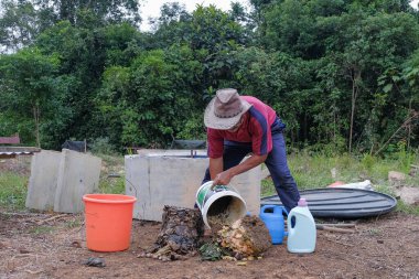 Olgun bir adam meyve bahçesindeki bahçe komposterine mutfak atıkları atıyor. .