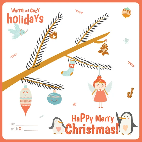 Linda tarjeta de Navidad con rama de árbol — Vector de stock