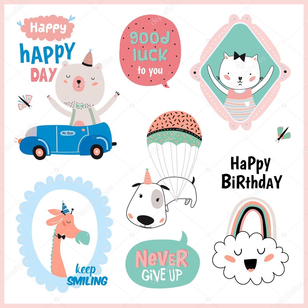 Set of birthday cards, gift tags, labels
