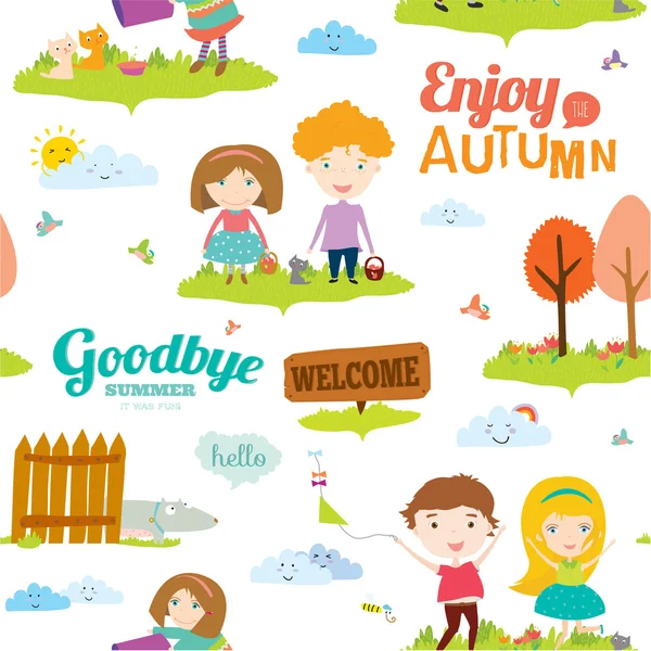 Fondo brillante con animales divertidos y niños felices que saltan y sonríen. Adiós verano. Hola otoño . — Vector de stock