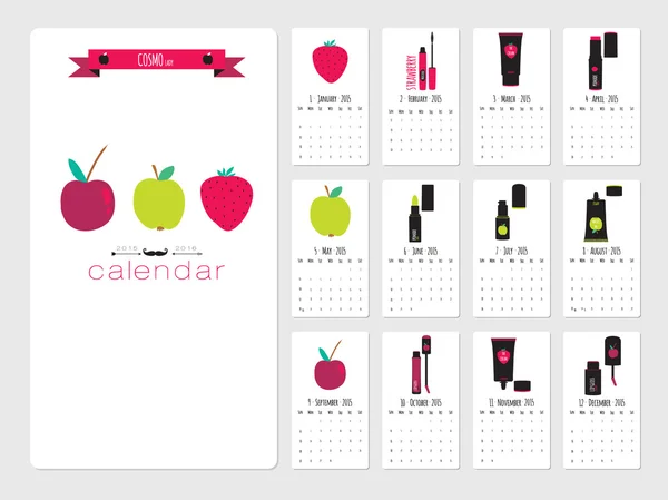 Unusual calendar for 2015 with romantic and beauty set of cosmetics icons. — Stock Vector