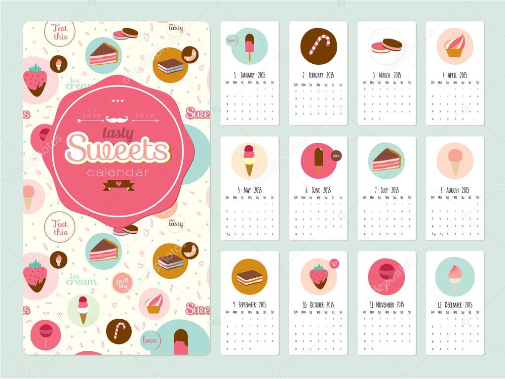 Unusual calendar for 2015 with cartoon backing tasty sweets. Stock
