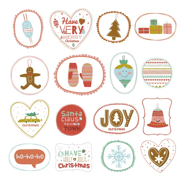 Vintage Christmas and New Year greeting stickers with cute winter elements — Stock Vector