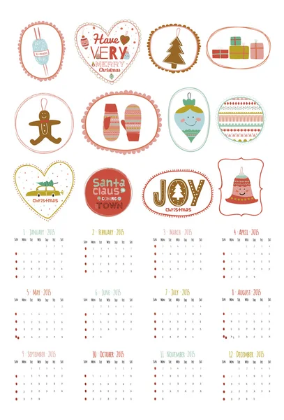 Vintage Christmas and New Year greeting calendar for 2015 with cute typography. — Stock Vector