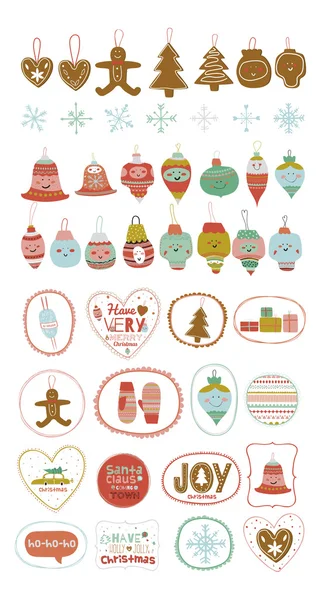 Vintage Christmas and New Year greeting stickers with cute winter elements — Stock Vector