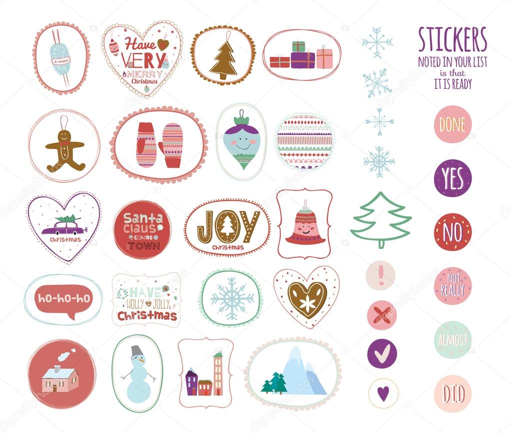 Vintage Christmas and New Year greeting stickers with cute winter elements