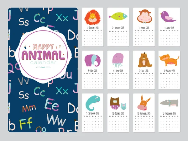 Calendrier inhabituel pour 2015 avec dessin animé et animaux drôles — Image vectorielle