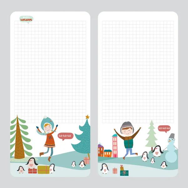 Fondo de vacaciones de invierno con pingüinos, regalos, niños y niñas sonrientes bailando en el sno — Vector de stock