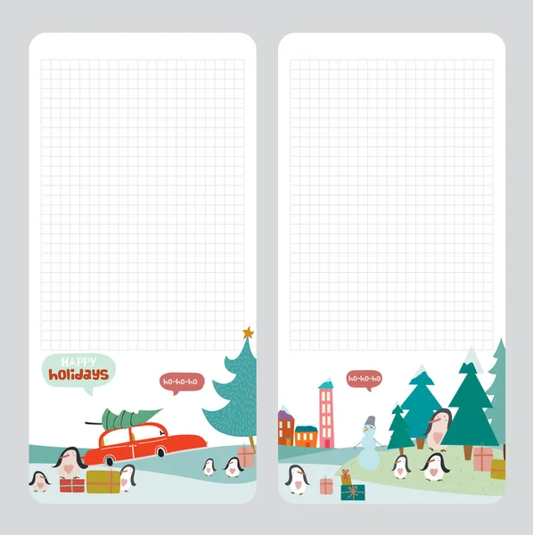 Fondo de vacaciones de invierno con lindos pingüinos felices y regalos coloridos en el sno — Vector de stock