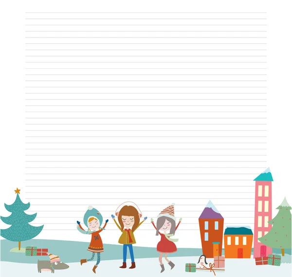 Fondo de vacaciones de invierno con pingüinos, regalos, niños y niñas sonrientes bailando en la nieve — Vector de stock