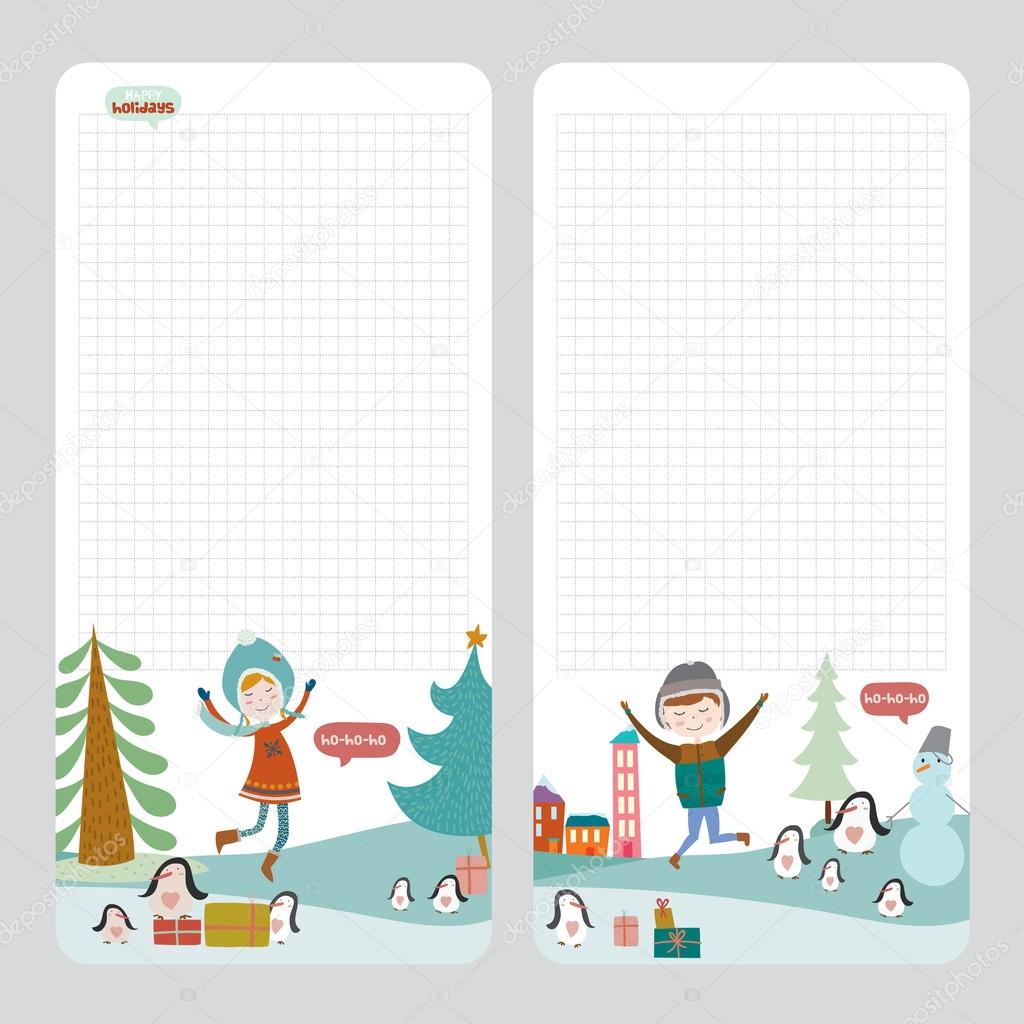 Winter holiday background with penguins, gifts, smiling boys and girls dancing on the sno