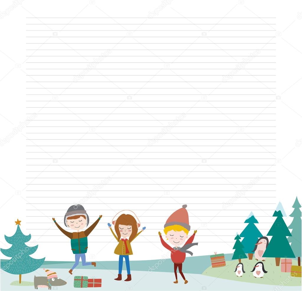 Winter holiday background with penguins, gifts, smiling boys and girls dancing on the snow