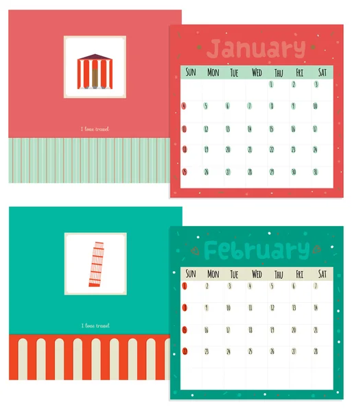 Ovanlig kalender för 2015 med tecknade och roliga resor vykort illustration — Stock vektor