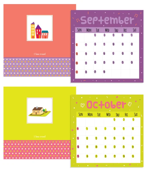 Calendario inusual para 2015 con dibujos animados e ilustración divertida de tarjetas postales de viaje — Vector de stock