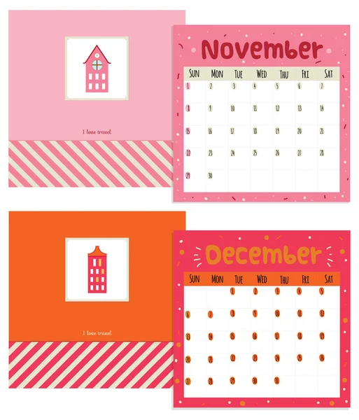 Calendario inusual para 2015 con dibujos animados e ilustración divertida de tarjetas postales de viaje — Vector de stock