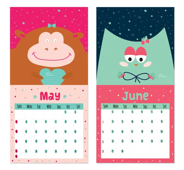 Ovanliga kalender för 2015 med tecknade och roliga djur. — Stock vektor