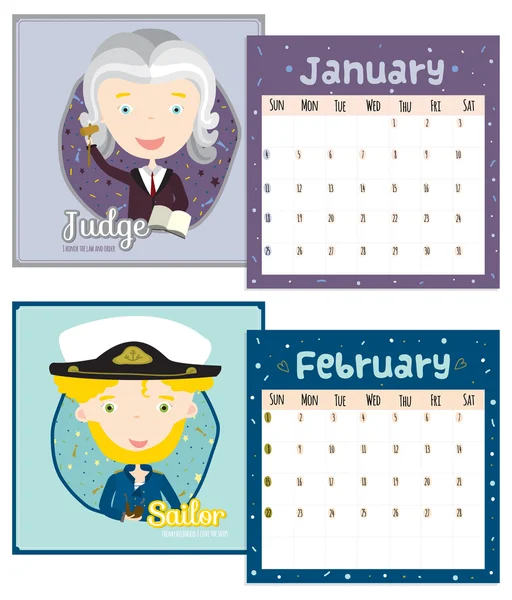 Unusual calendar for 2015 with cartoon and funny Professions. — Stock Vector